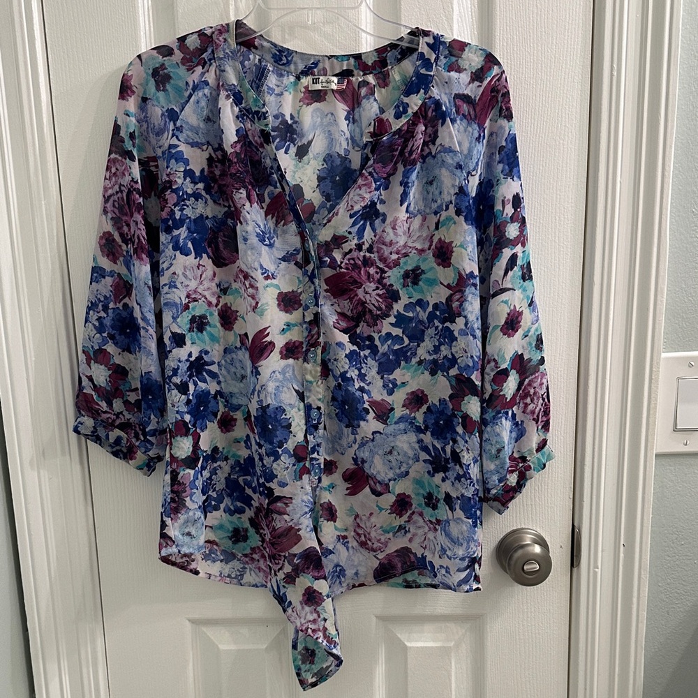 Kut from the Kloth Floral Blouse - Blue, Purple, and Teal